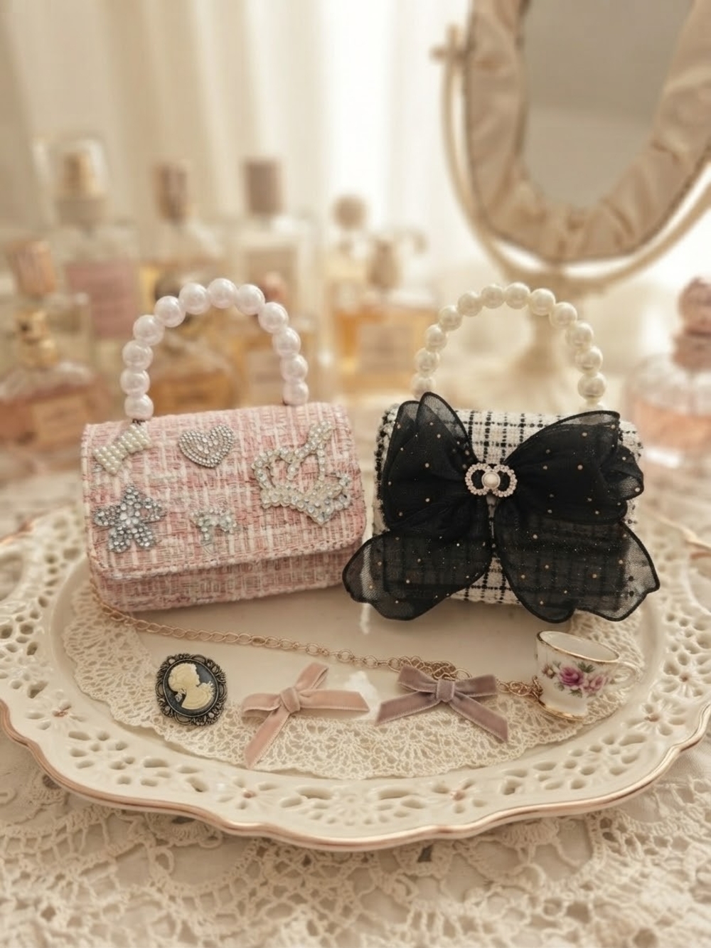 Pearl Handle Tweed Mini Bag - Pink and Black Duo
